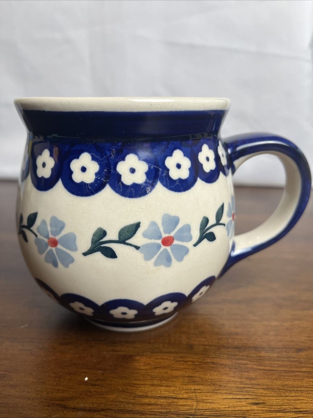 Polish Pottery Blue Violets Floral Mug Hand Made In Poland Dishwasher Safe